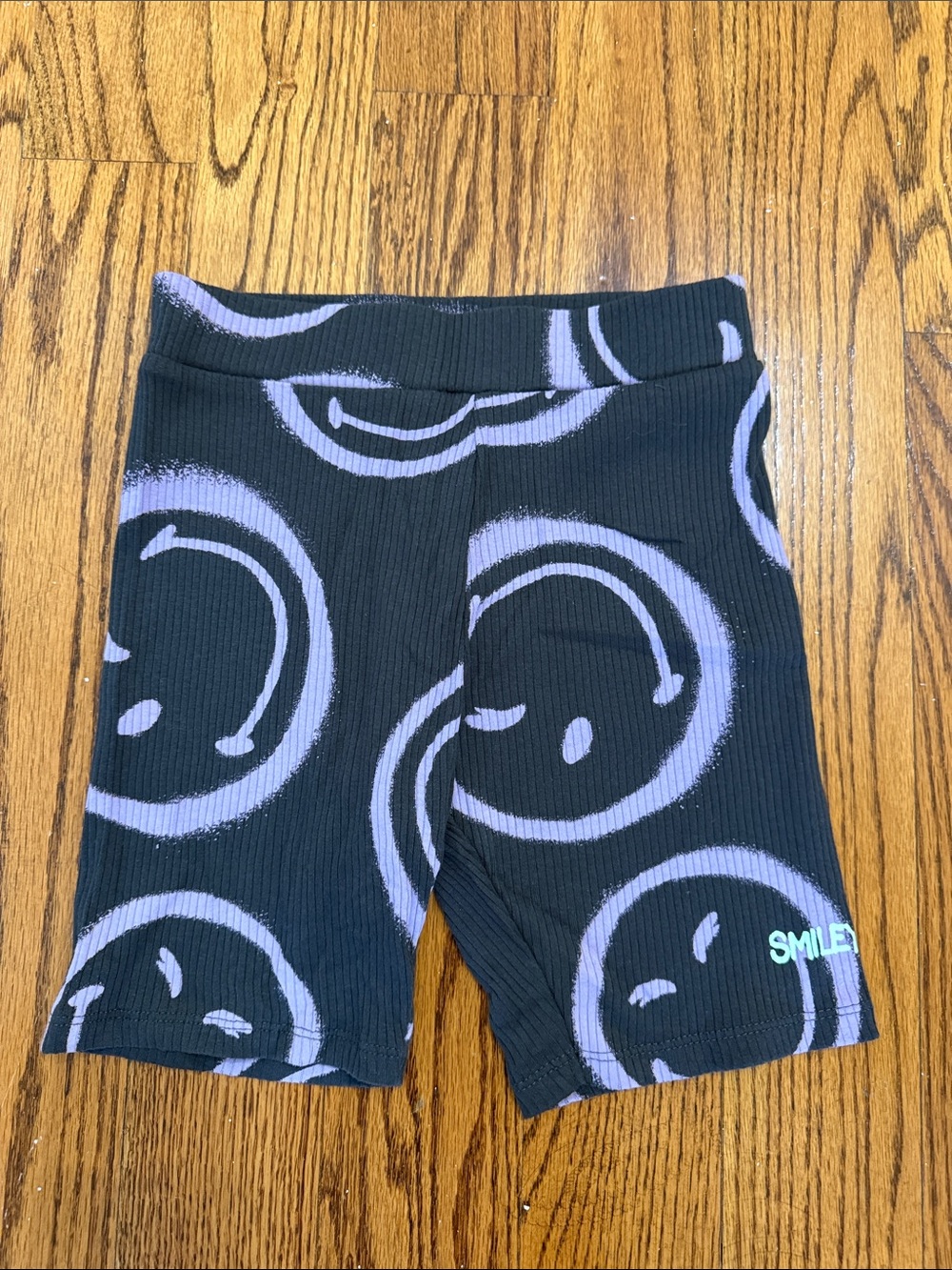 Kids Black Bike Shorts with Lavender Smiley Print